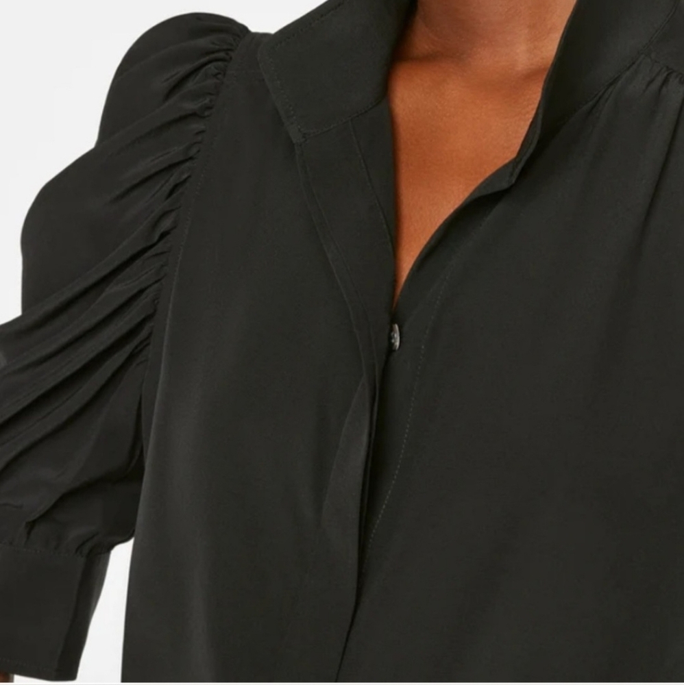 Frame Gillian Puff Sleeve Silk Top 3/4 Sleeve Button Up Black Small - Picture 4 of 15
